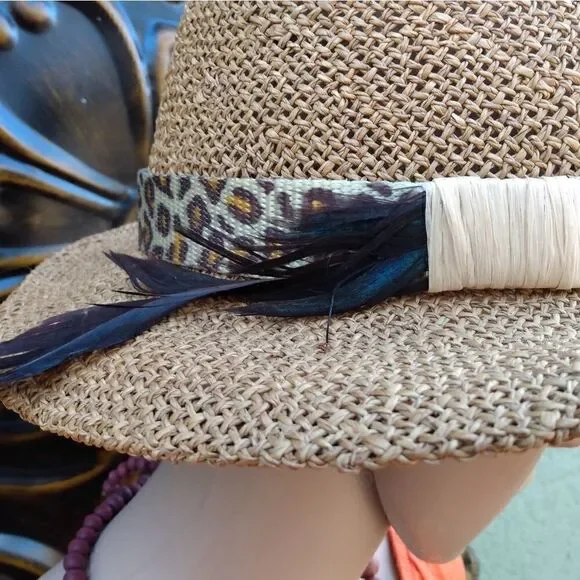 VINTAGE FABINI NY 100% Straw SunHat with Cheetah Print Band & Black Feathers - Picture 7 of 13